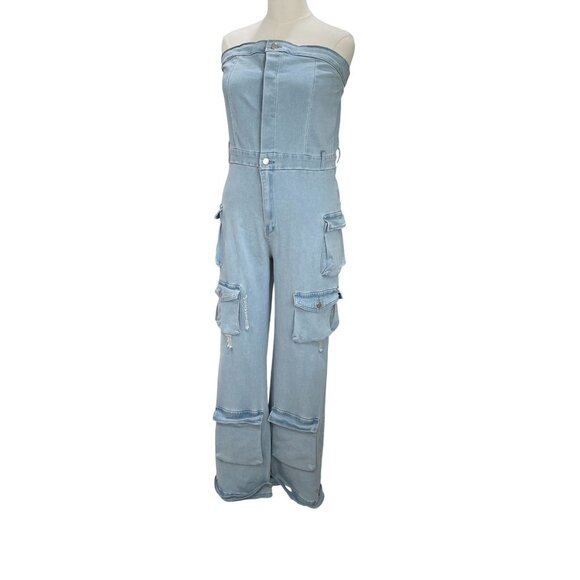 Strapless Denim Cargo Jumpsuit Y2K Edgy Streetwear Utility Baddie Distressed XL - Picture 5 of 12